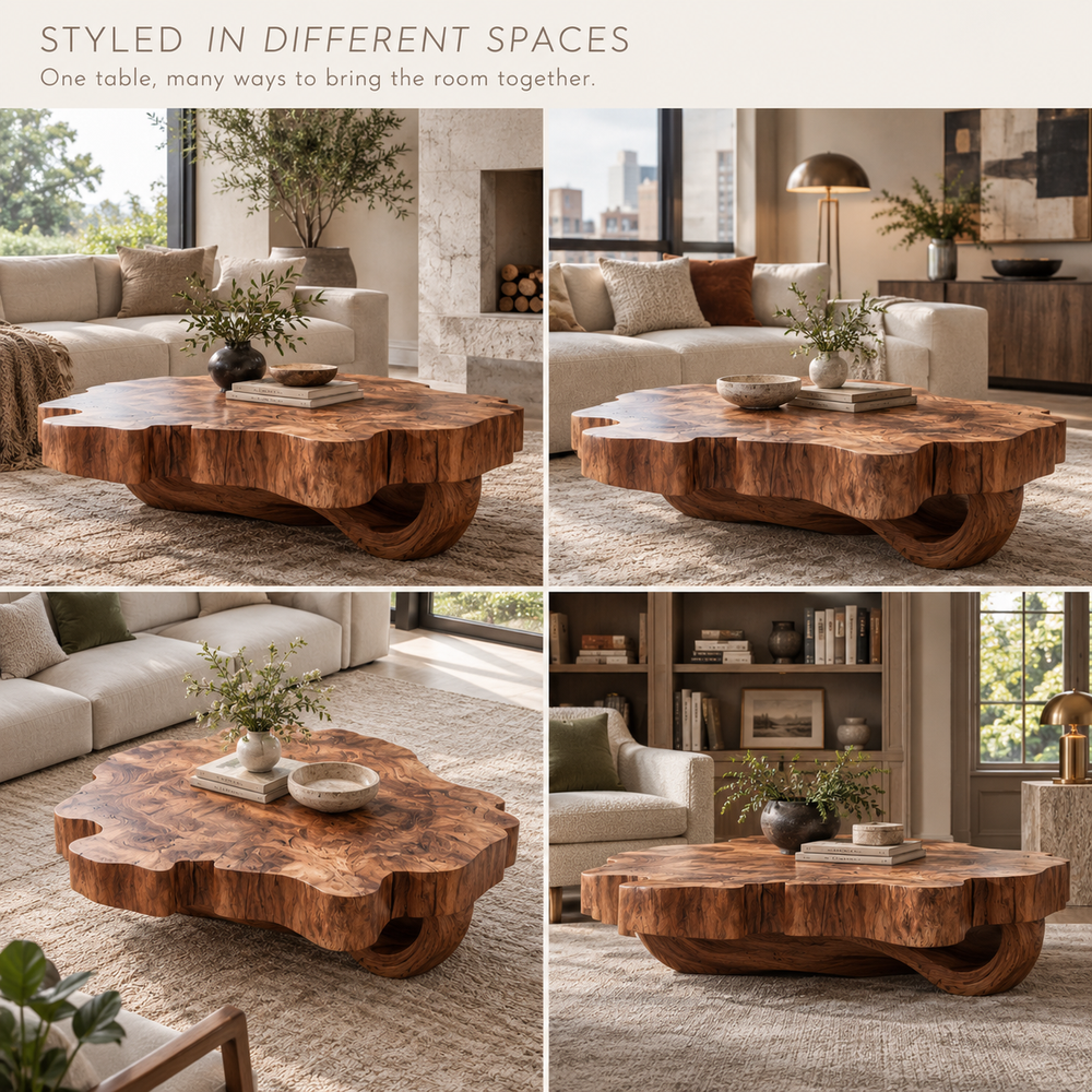 Cassian Sculptural Solid Wood Coffee Table - Design 363 - product detail and styling view 9