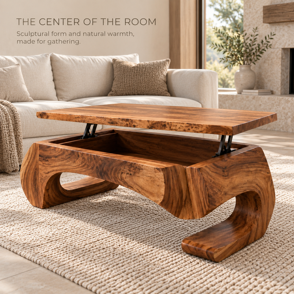 Evren Sculptural Solid Wood Coffee Table - Design 364 - main lifestyle view