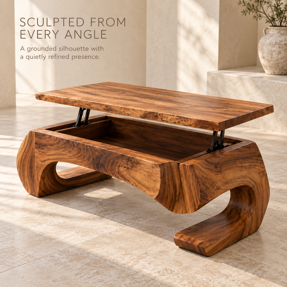 Evren Sculptural Solid Wood Coffee Table - Design 364 - product detail and styling view 2