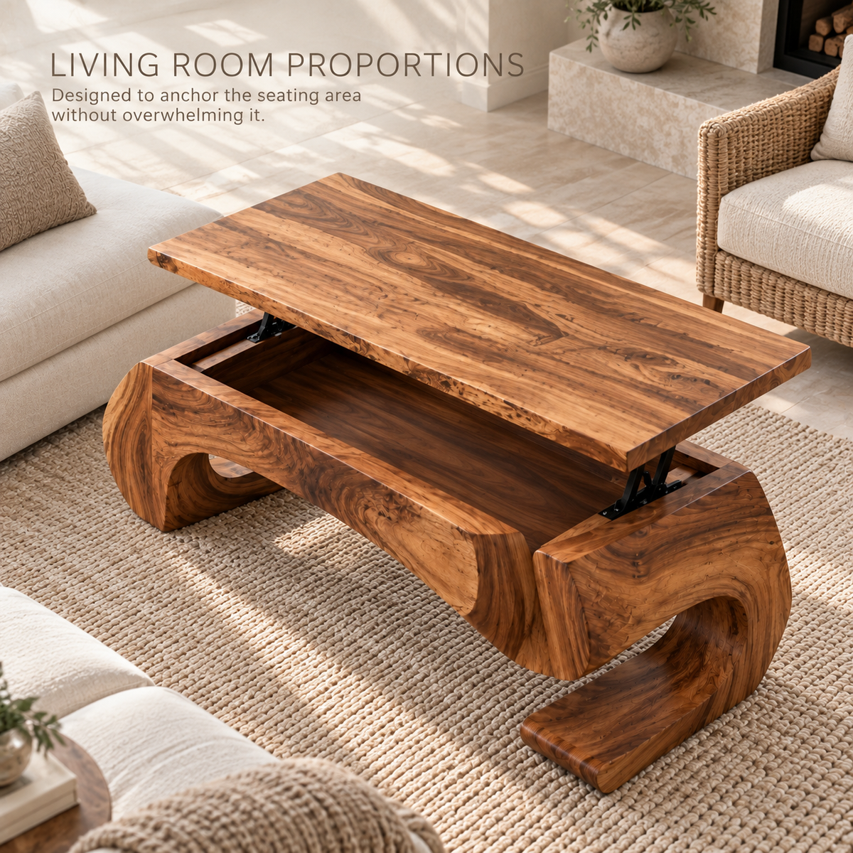 Evren Sculptural Solid Wood Coffee Table - Design 364 - product detail and styling view 3