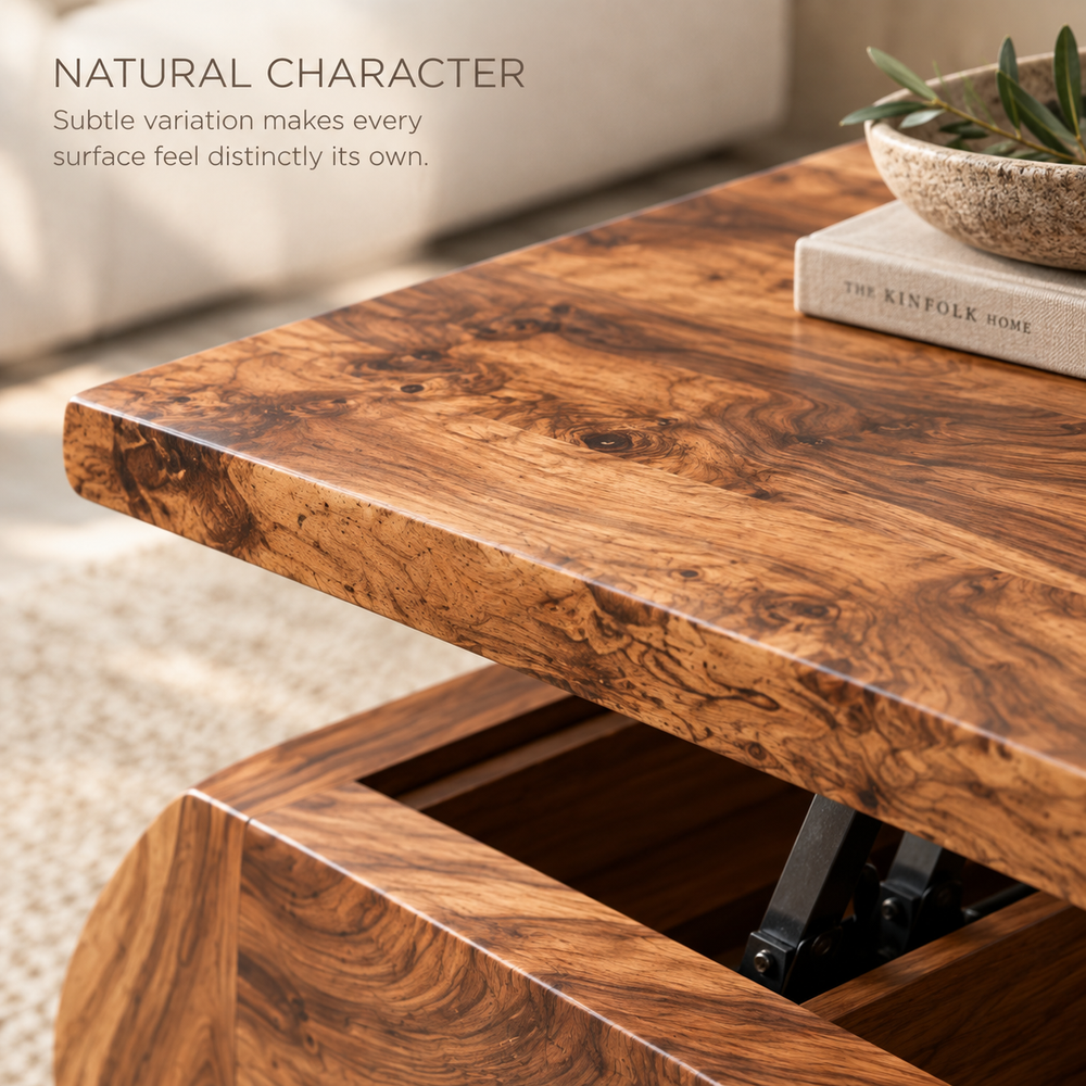 Evren Sculptural Solid Wood Coffee Table - Design 364 - product detail and styling view 4