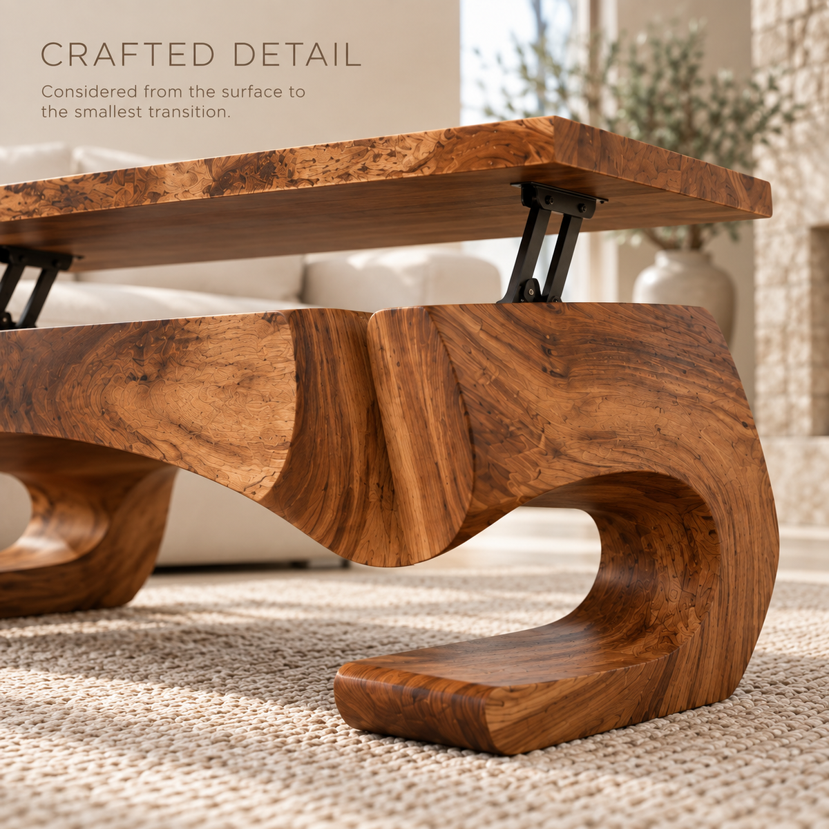 Evren Sculptural Solid Wood Coffee Table - Design 364 - product detail and styling view 5