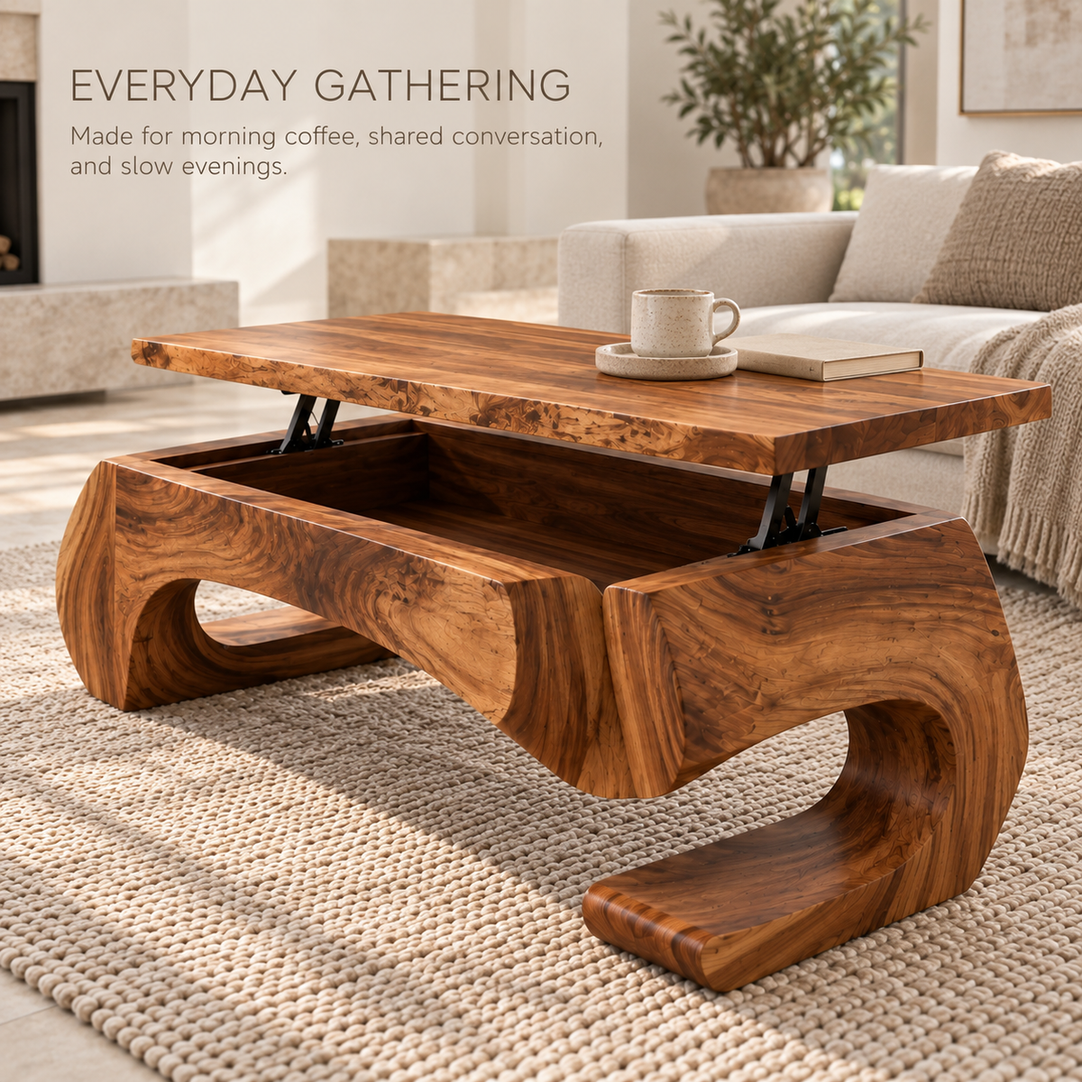 Evren Sculptural Solid Wood Coffee Table - Design 364 - product detail and styling view 6