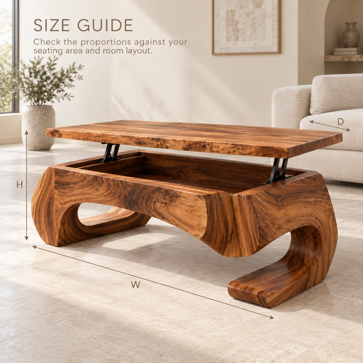 Evren Sculptural Solid Wood Coffee Table - Design 364 - product detail and styling view 7
