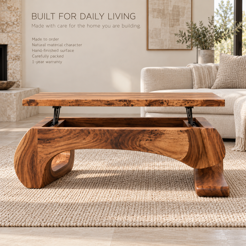 Evren Sculptural Solid Wood Coffee Table - Design 364 - product detail and styling view 8