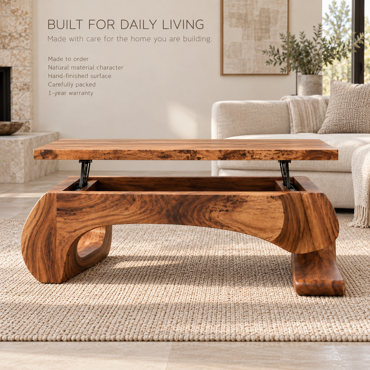 Evren Sculptural Solid Wood Coffee Table - Design 364 - product detail and styling view 8