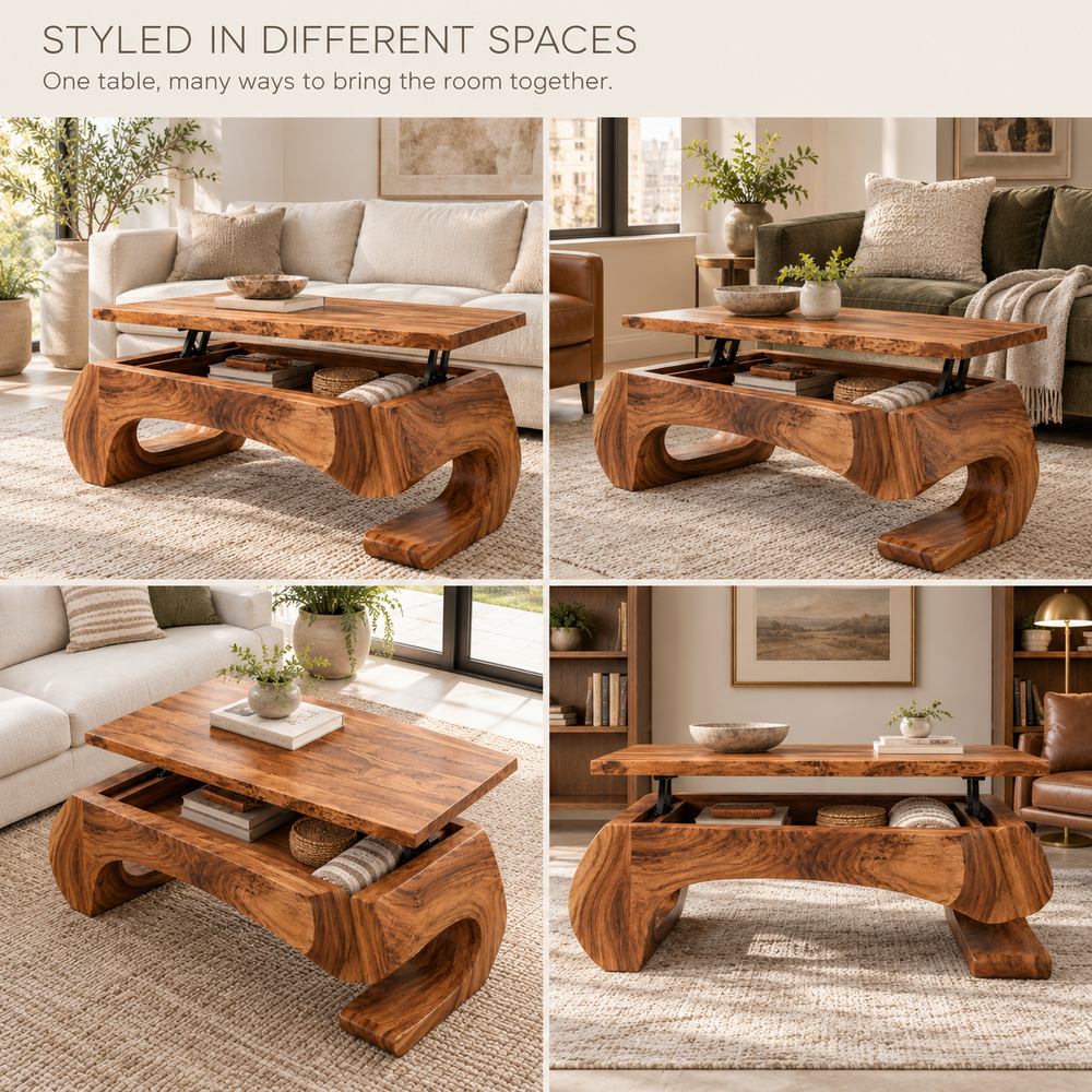 Evren Sculptural Solid Wood Coffee Table - Design 364 - product detail and styling view 9