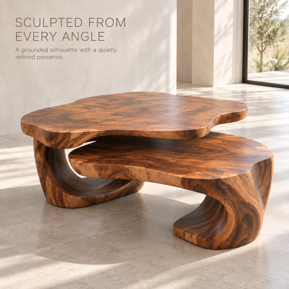 Noelle Sculptural Solid Wood Coffee Table Set - Design 365 - product detail and styling view 2