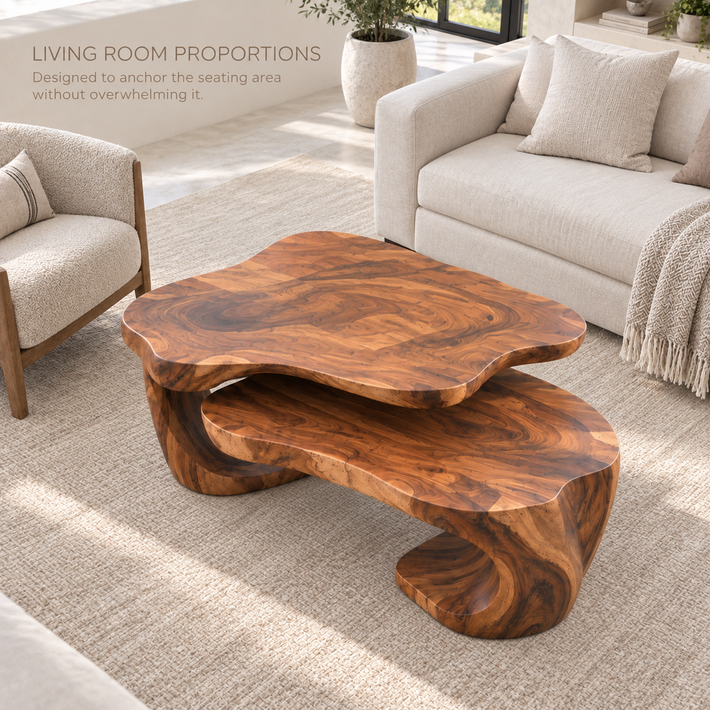 Noelle Sculptural Solid Wood Coffee Table Set - Design 365 - product detail and styling view 3