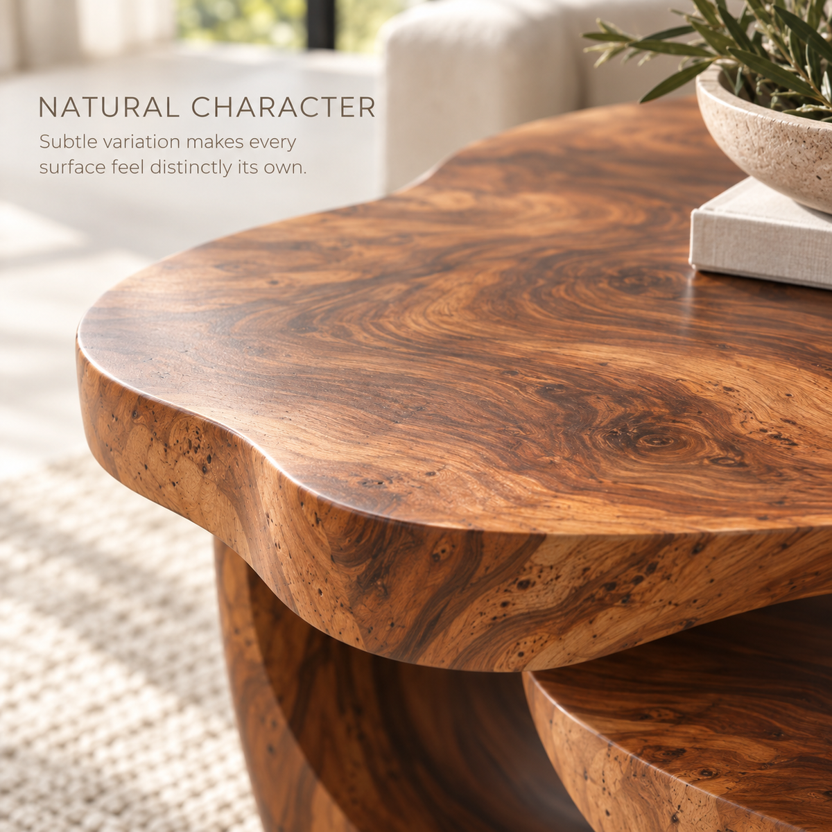 Noelle Sculptural Solid Wood Coffee Table Set - Design 365 - product detail and styling view 4