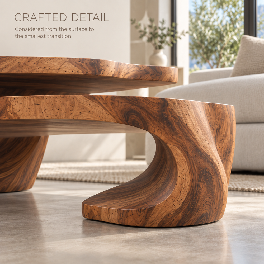 Noelle Sculptural Solid Wood Coffee Table Set - Design 365 - product detail and styling view 5
