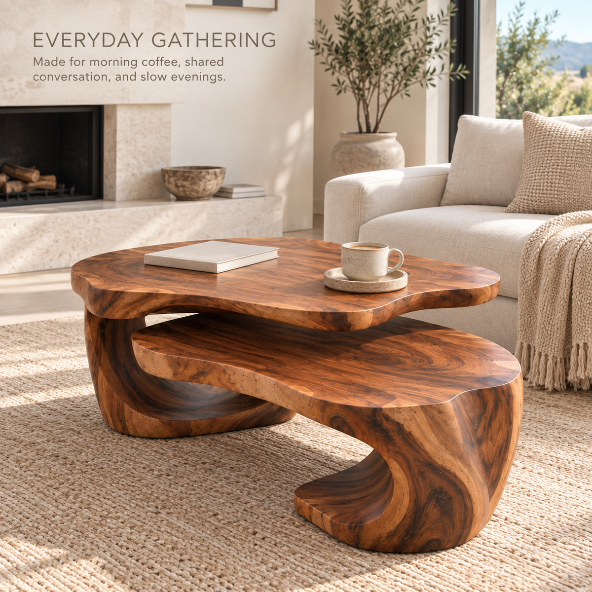 Noelle Sculptural Solid Wood Coffee Table Set - Design 365 - product detail and styling view 6