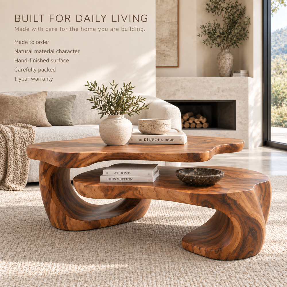 Noelle Sculptural Solid Wood Coffee Table Set - Design 365 - product detail and styling view 8