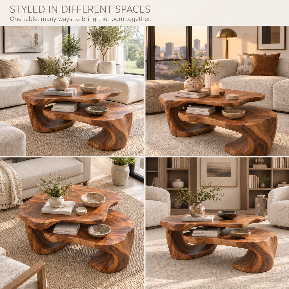Noelle Sculptural Solid Wood Coffee Table Set - Design 365 - product detail and styling view 9