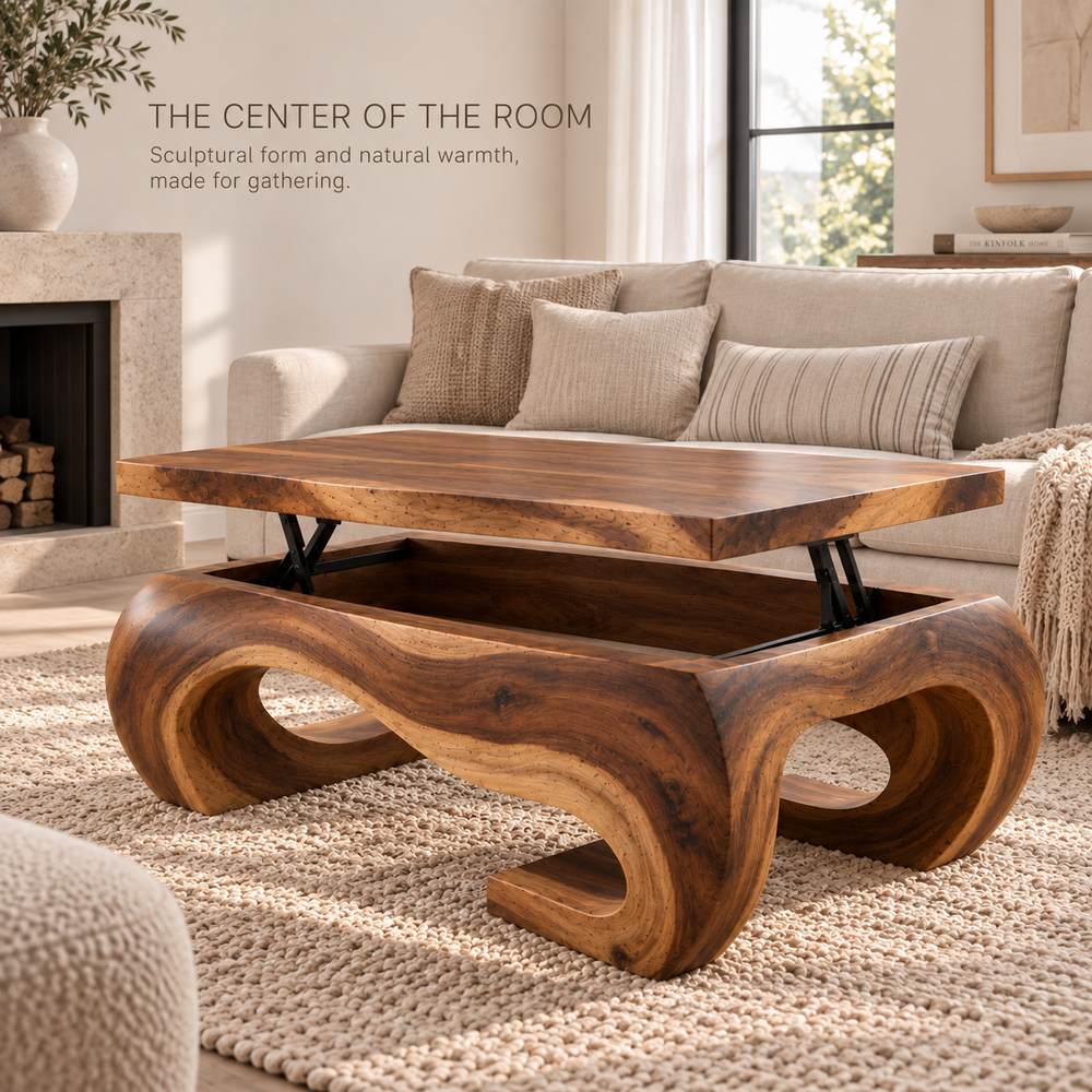 Elian Sculptural Solid Wood Coffee Table - Design 366 - main lifestyle view