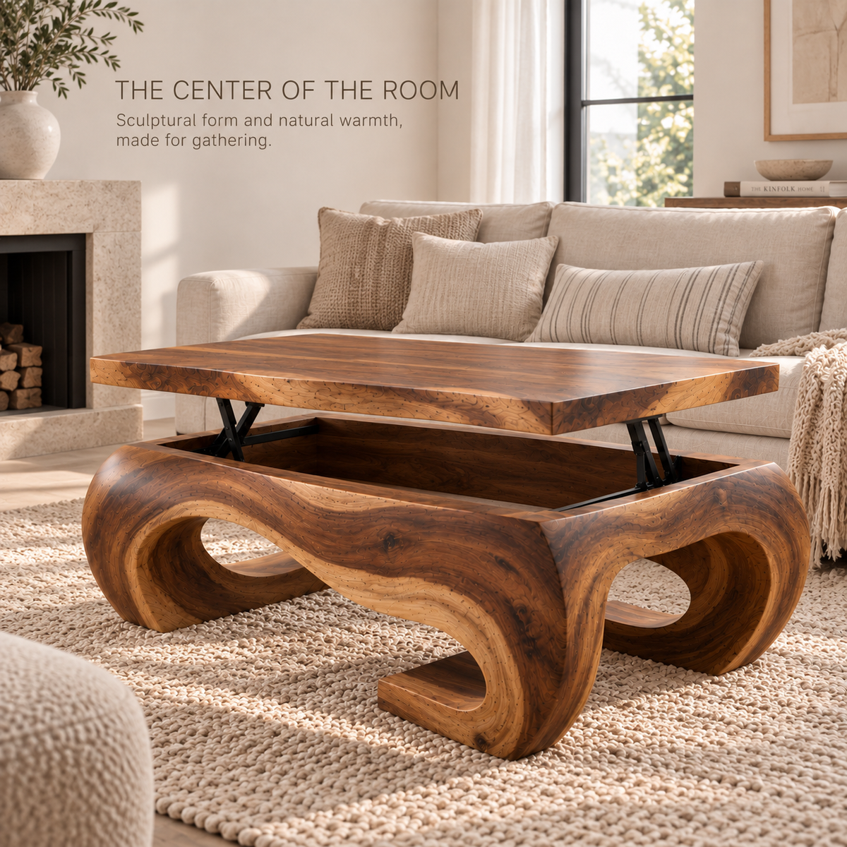 Elian Sculptural Solid Wood Coffee Table - Design 366 - main lifestyle view