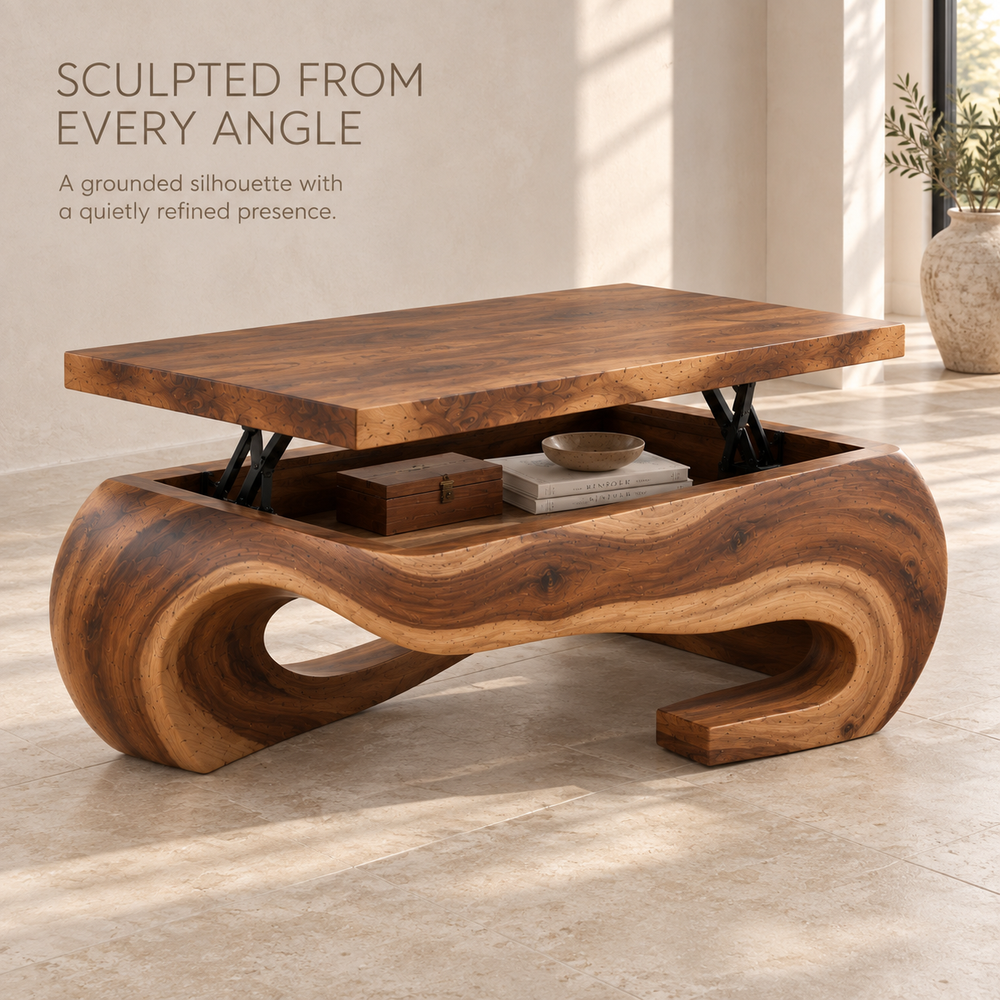 Elian Sculptural Solid Wood Coffee Table - Design 366 - product detail and styling view 2