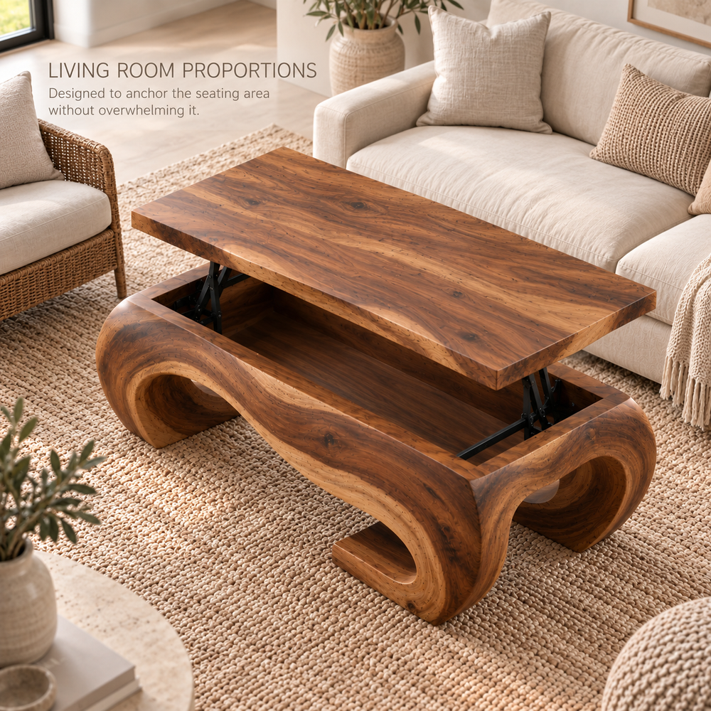 Elian Sculptural Solid Wood Coffee Table - Design 366 - product detail and styling view 3