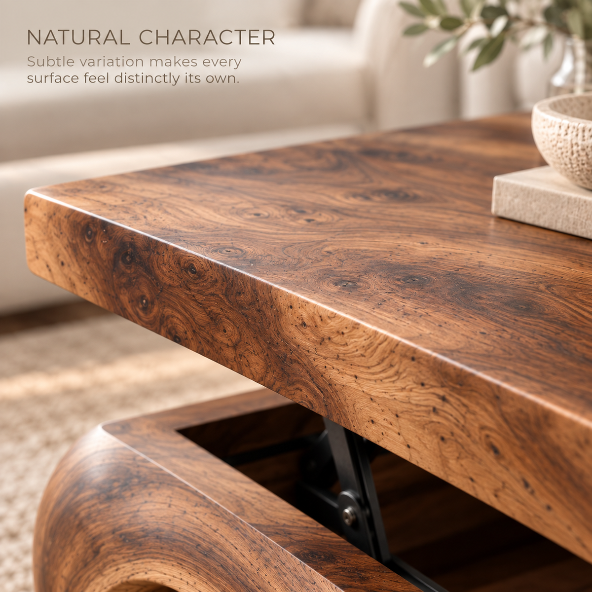 Elian Sculptural Solid Wood Coffee Table - Design 366 - product detail and styling view 4