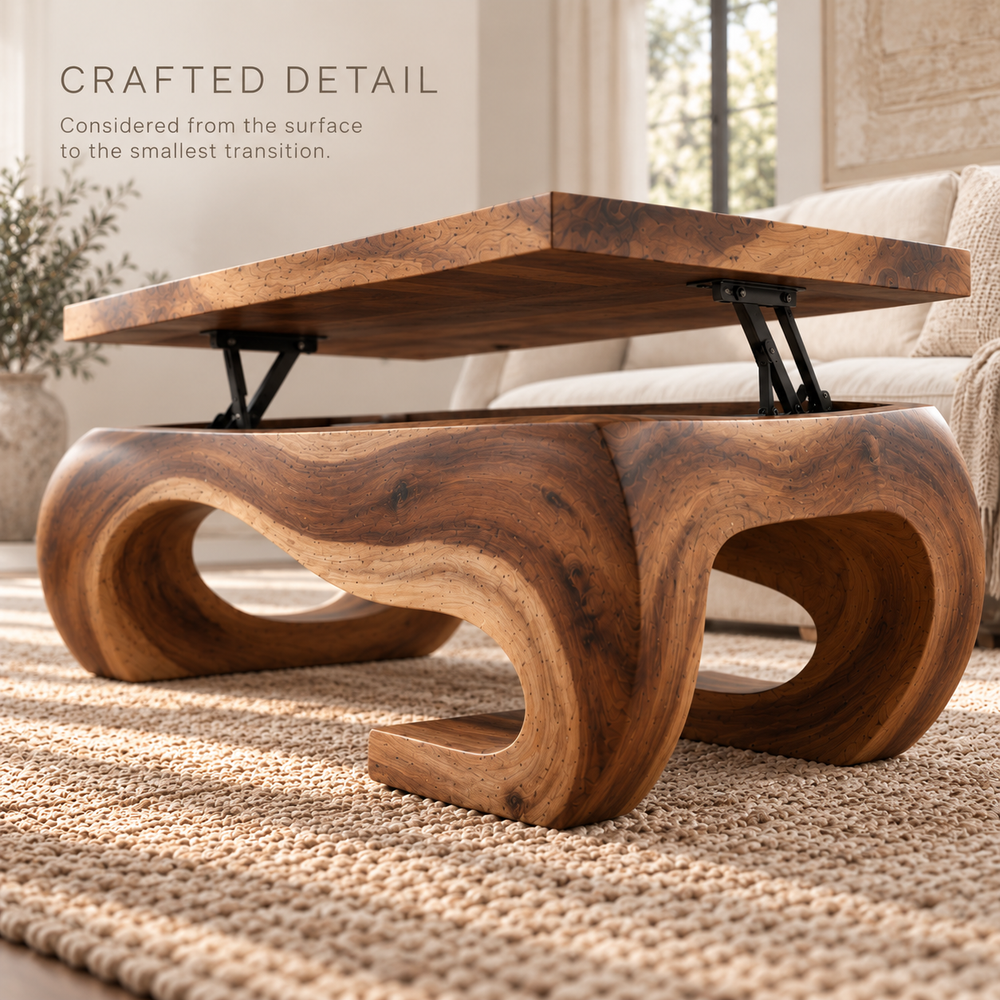 Elian Sculptural Solid Wood Coffee Table - Design 366 - product detail and styling view 5