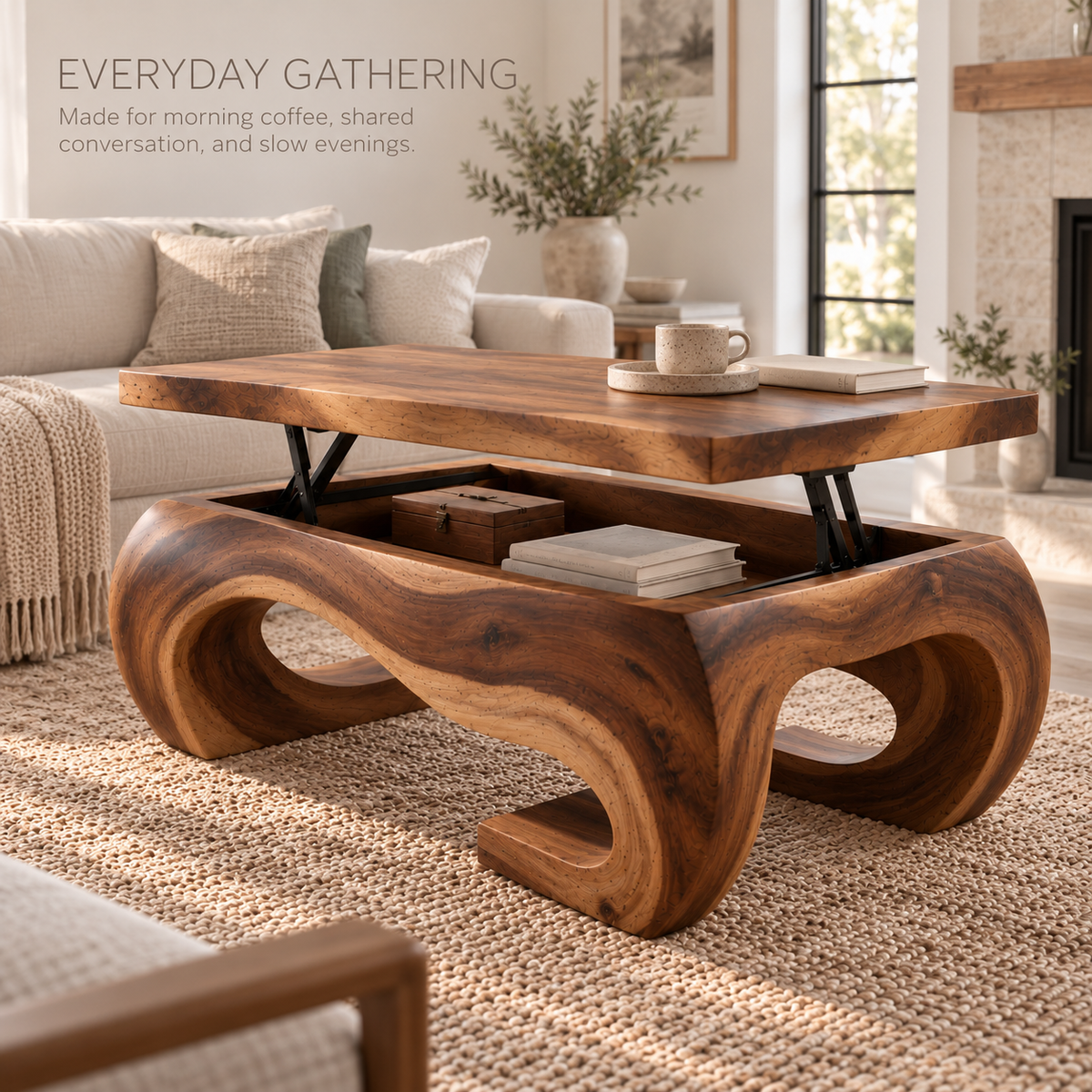 Elian Sculptural Solid Wood Coffee Table - Design 366 - product detail and styling view 6