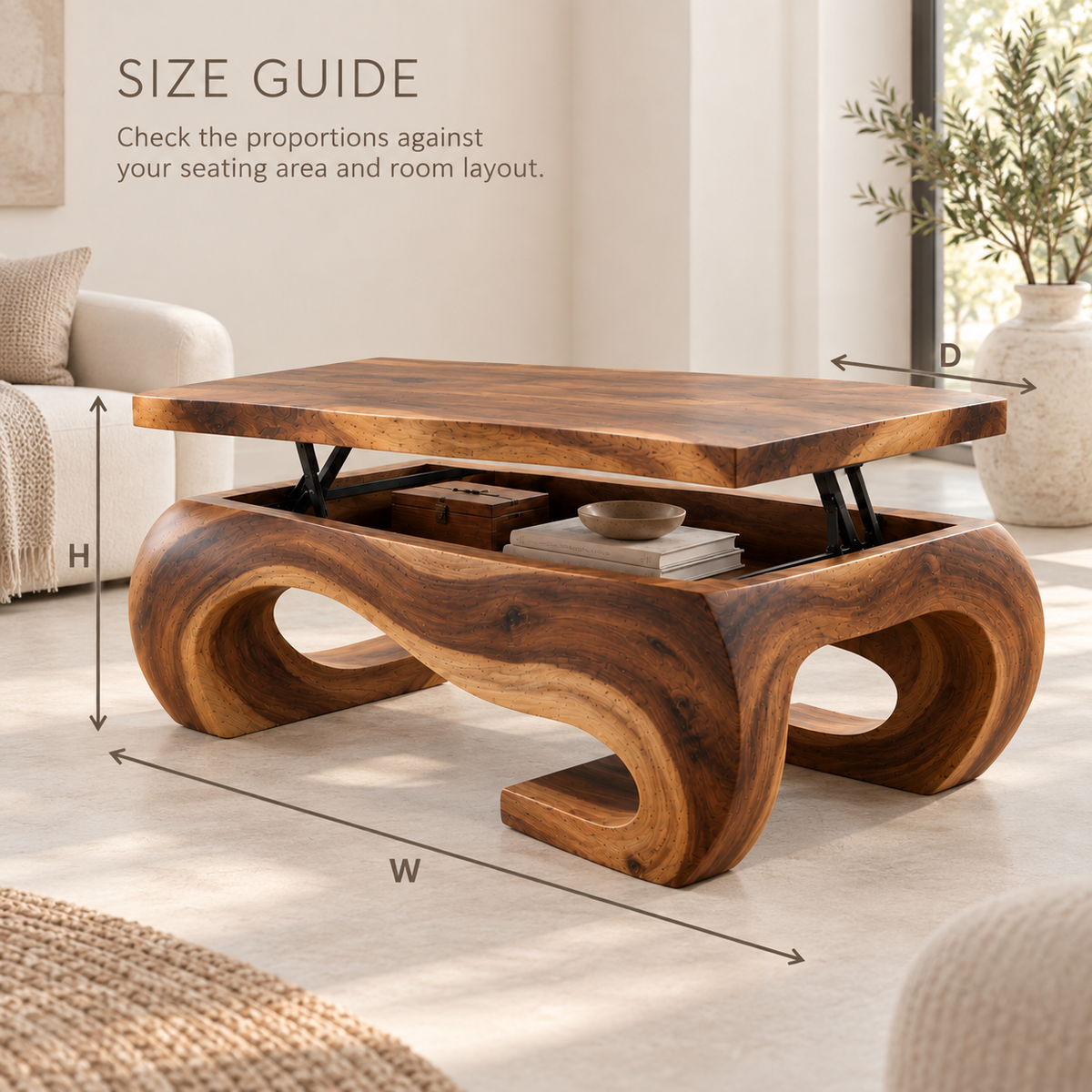 Elian Sculptural Solid Wood Coffee Table - Design 366 - product detail and styling view 7