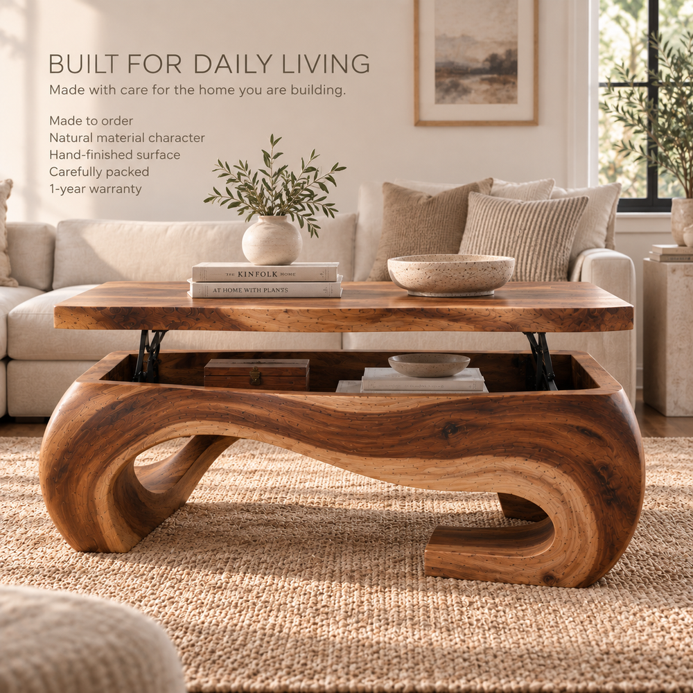 Elian Sculptural Solid Wood Coffee Table - Design 366 - product detail and styling view 8