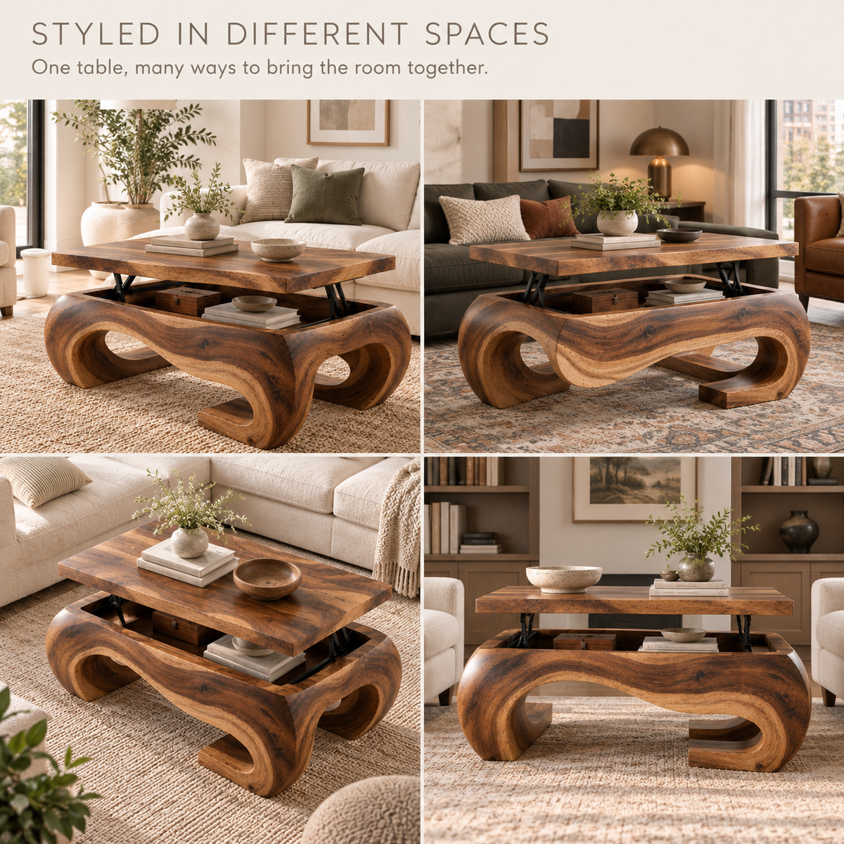 Elian Sculptural Solid Wood Coffee Table - Design 366 - product detail and styling view 9