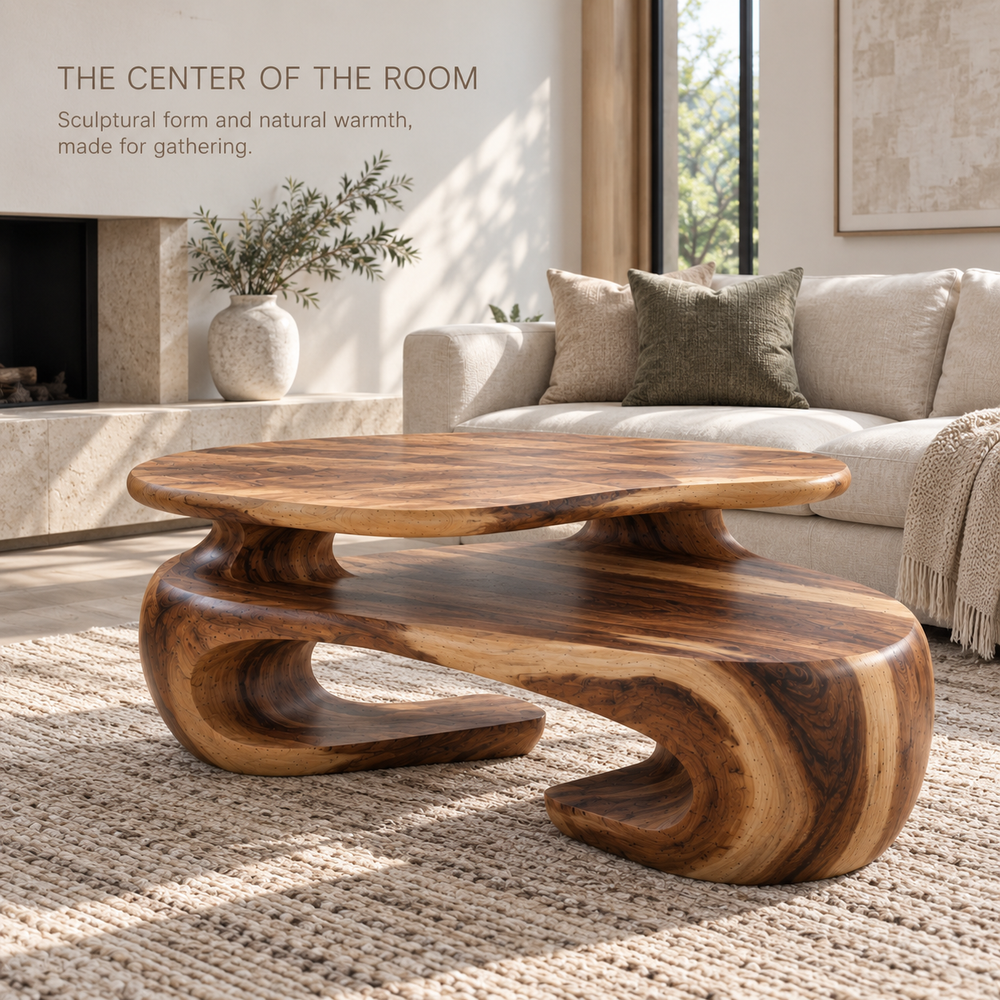 Seraph Sculptural Solid Wood Coffee Table - Design 367 - main lifestyle view