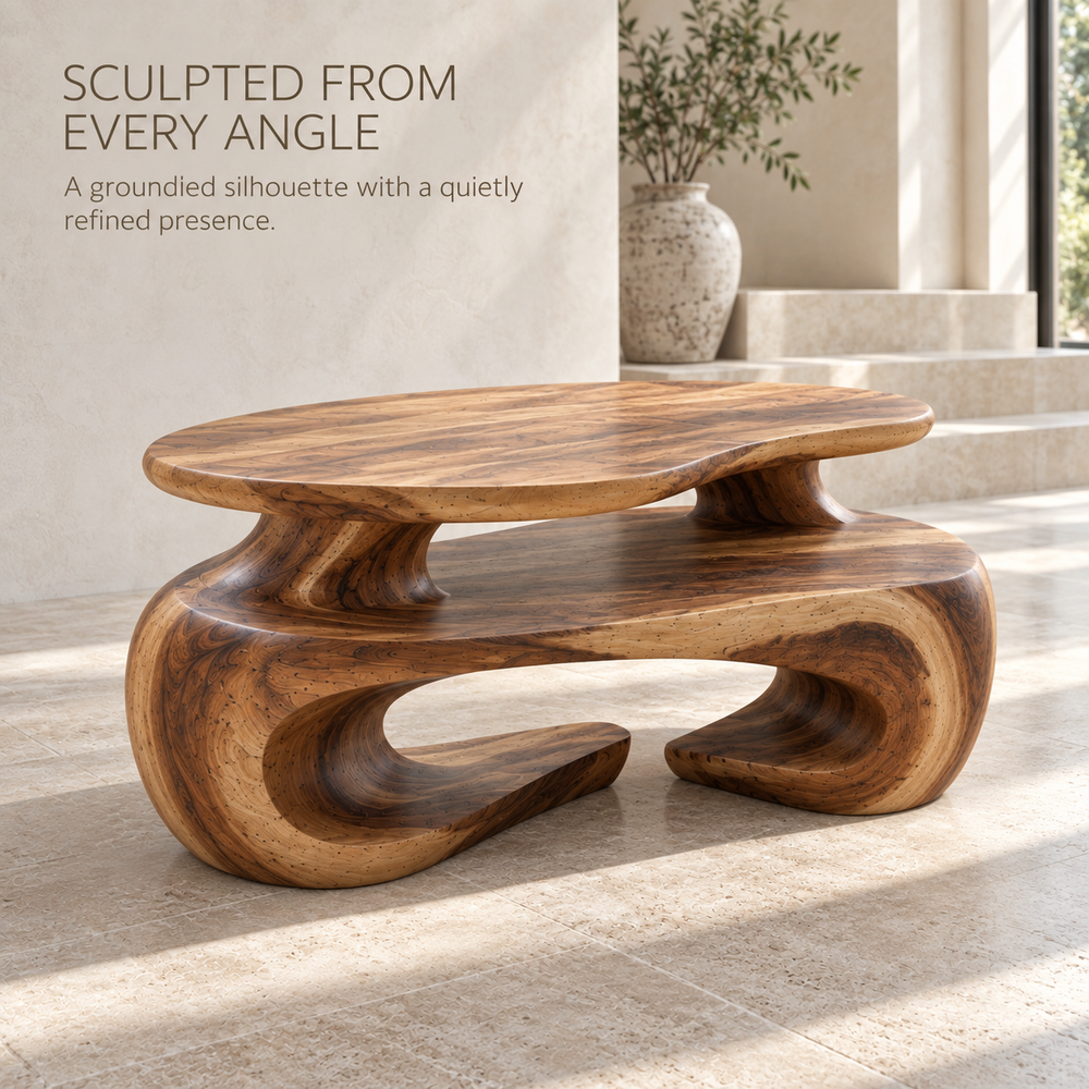 Seraph Sculptural Solid Wood Coffee Table - Design 367 - product detail and styling view 2