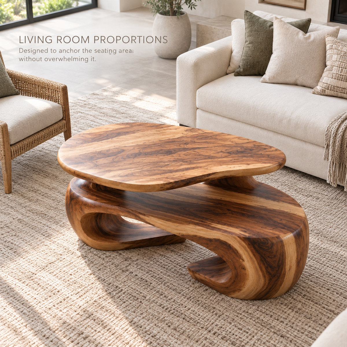 Seraph Sculptural Solid Wood Coffee Table - Design 367 - product detail and styling view 3