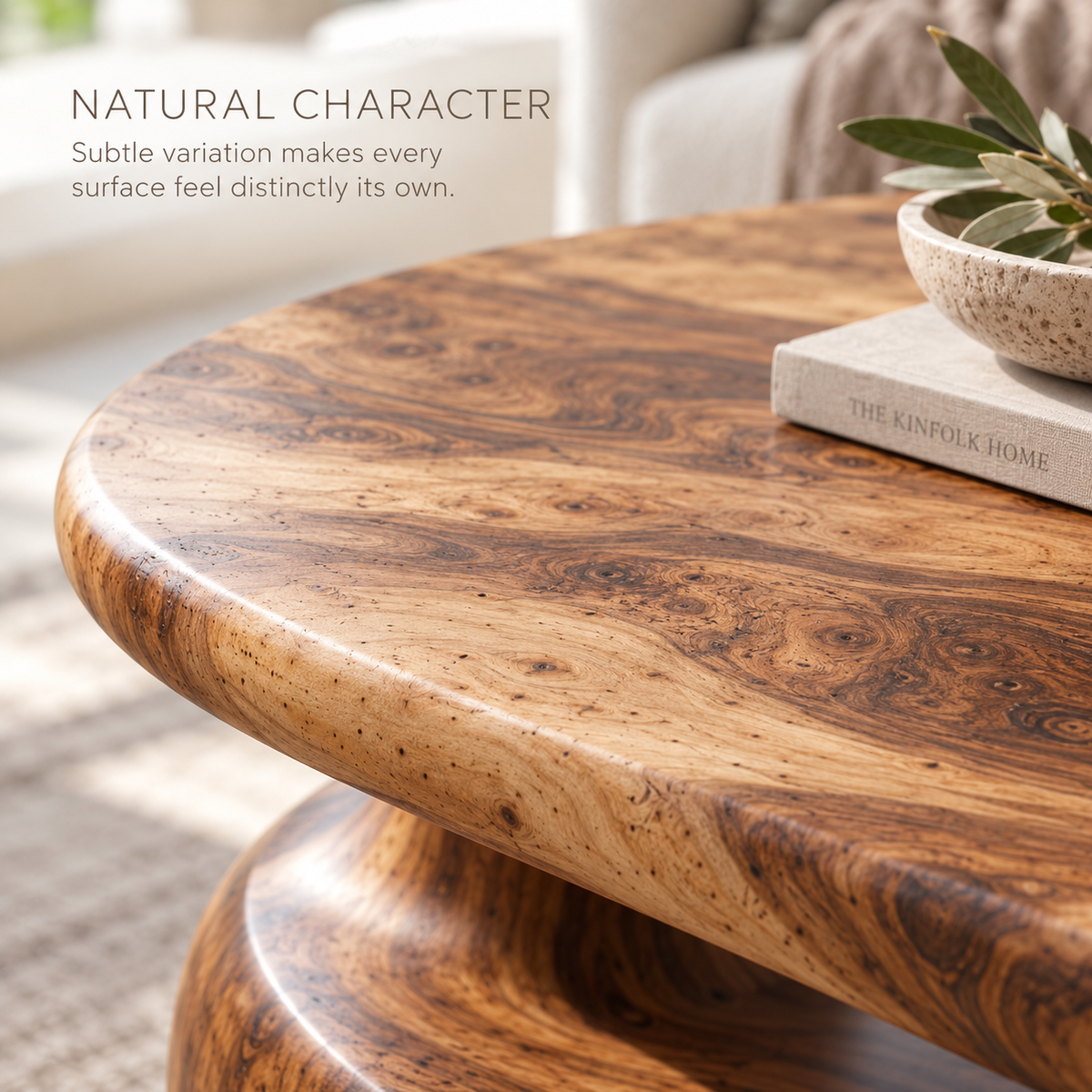 Seraph Sculptural Solid Wood Coffee Table - Design 367 - product detail and styling view 4