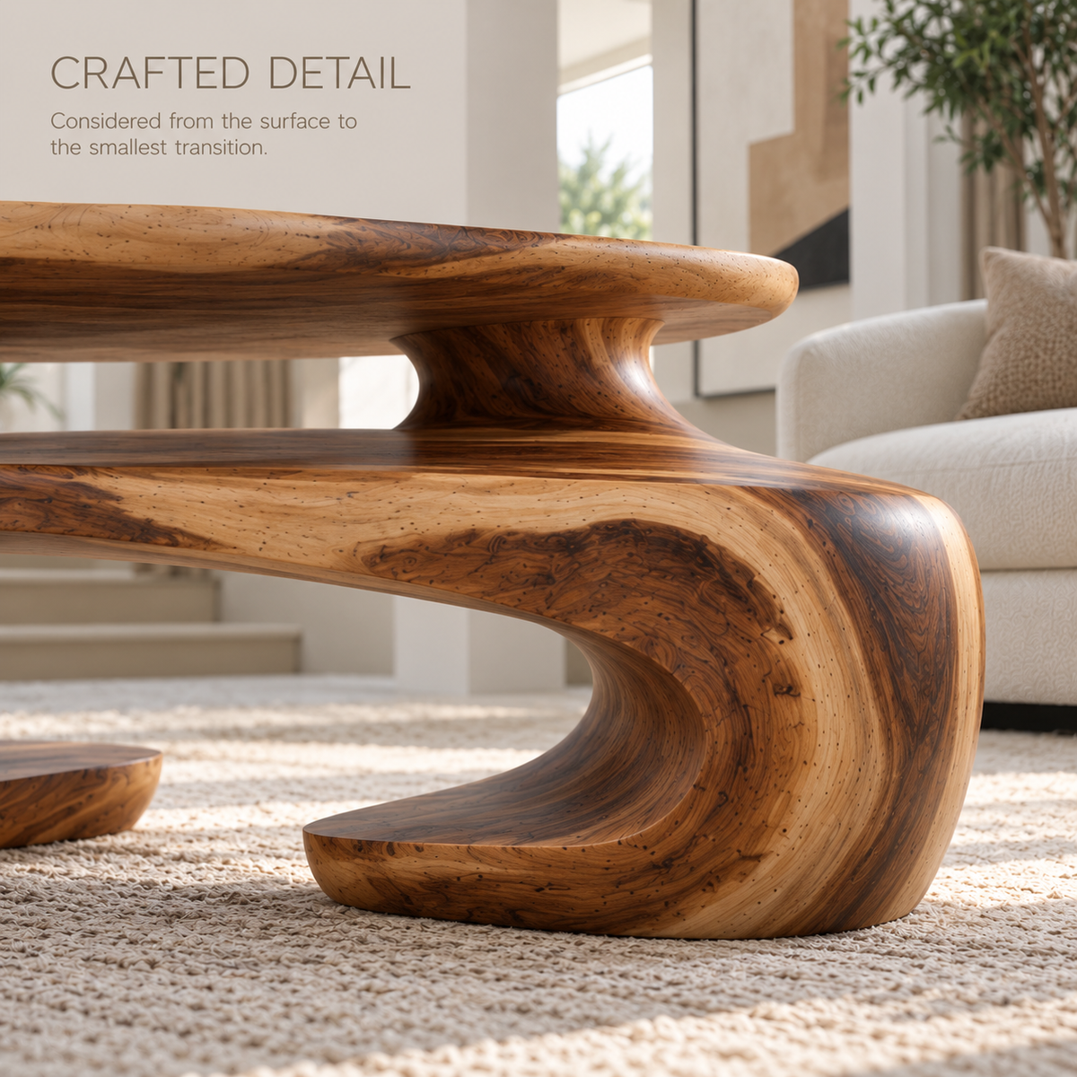 Seraph Sculptural Solid Wood Coffee Table - Design 367 - product detail and styling view 5
