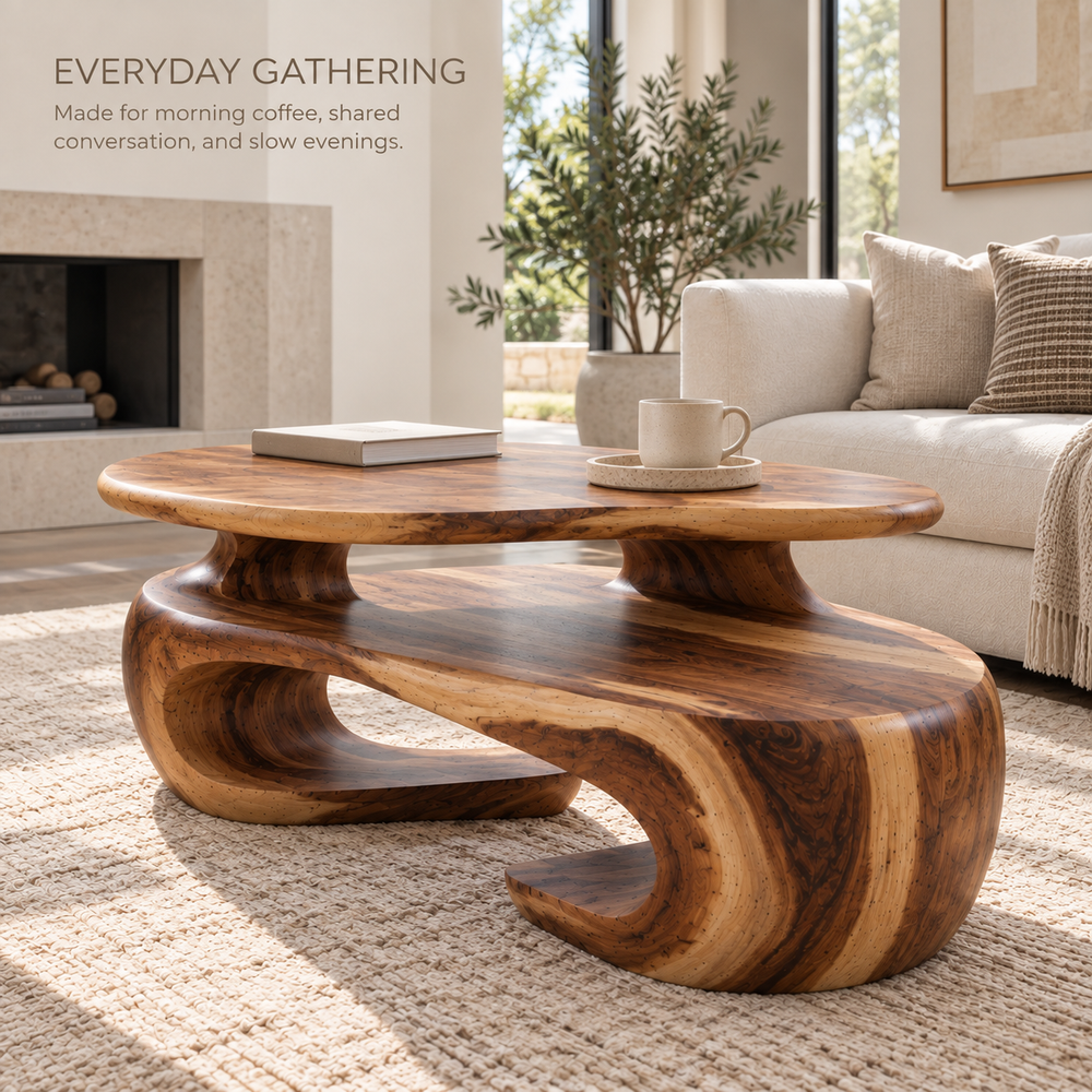 Seraph Sculptural Solid Wood Coffee Table - Design 367 - product detail and styling view 6