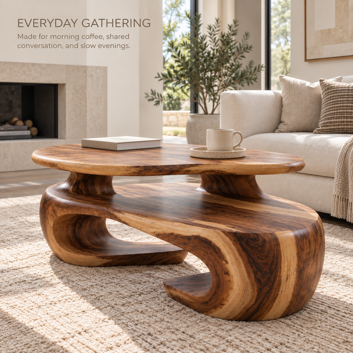 Seraph Sculptural Solid Wood Coffee Table - Design 367 - product detail and styling view 6
