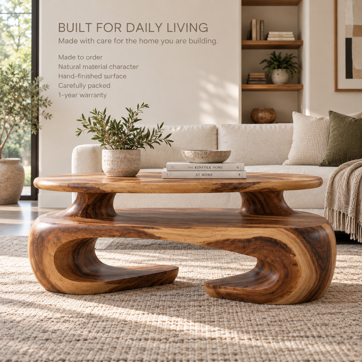 Seraph Sculptural Solid Wood Coffee Table - Design 367 - product detail and styling view 8
