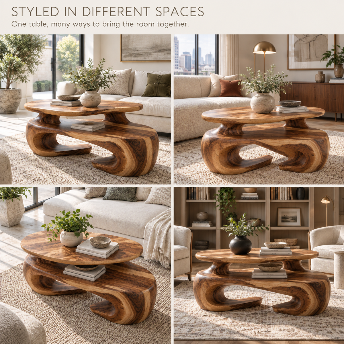 Seraph Sculptural Solid Wood Coffee Table - Design 367 - product detail and styling view 9