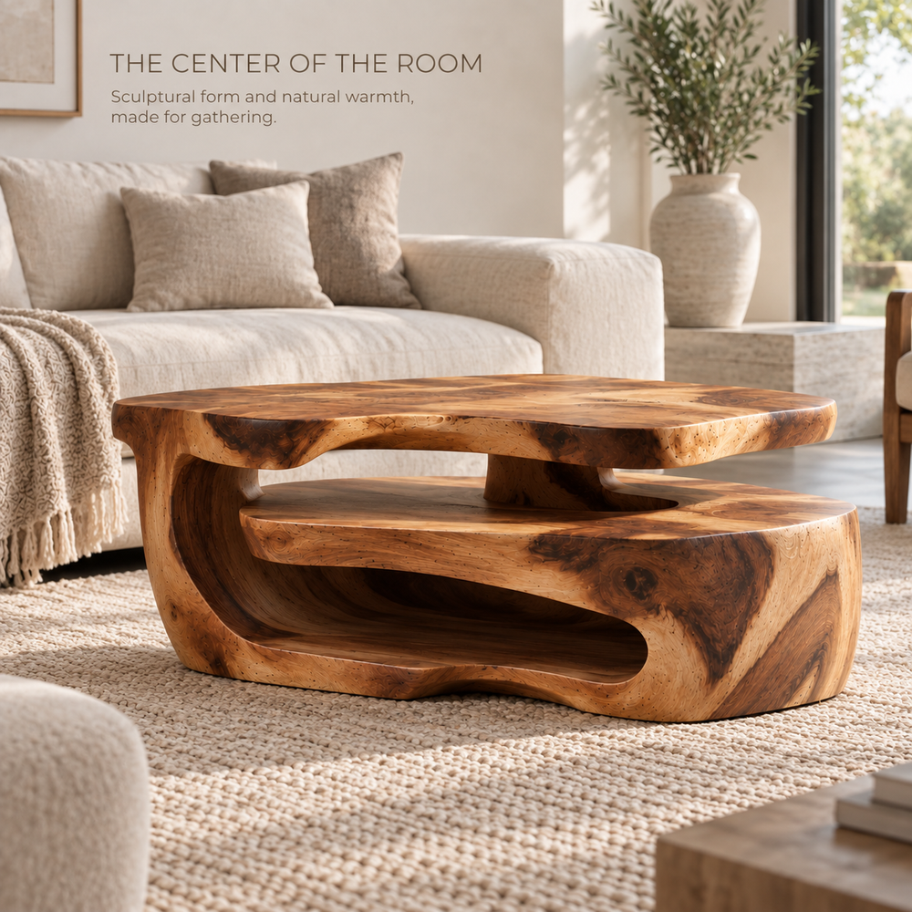 Maelle Sculptural Solid Wood Coffee Table - Design 368 - main lifestyle view