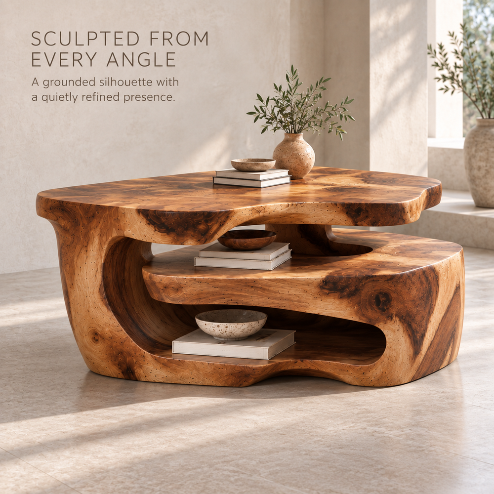 Maelle Sculptural Solid Wood Coffee Table - Design 368 - product detail and styling view 2