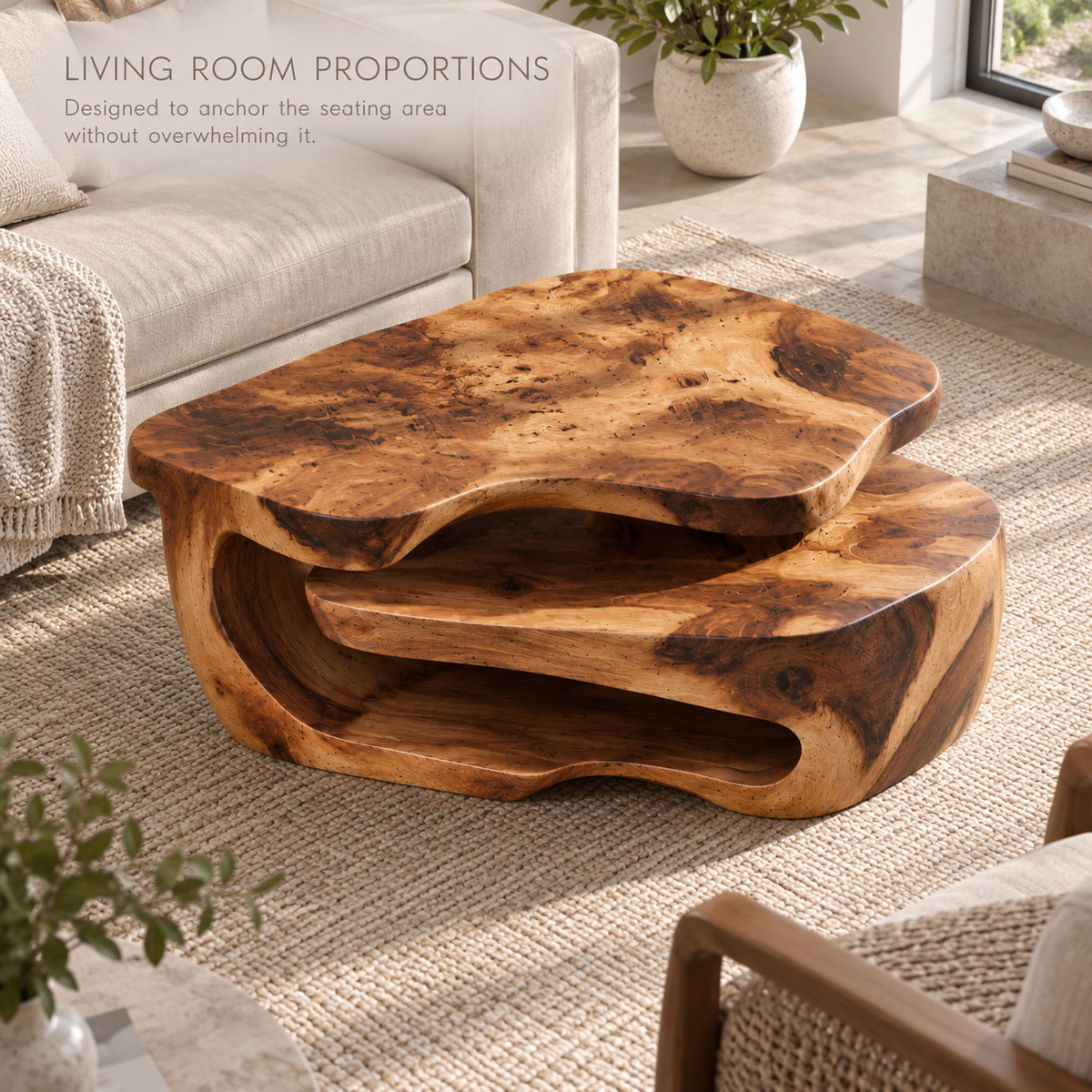 Maelle Sculptural Solid Wood Coffee Table - Design 368 - product detail and styling view 3