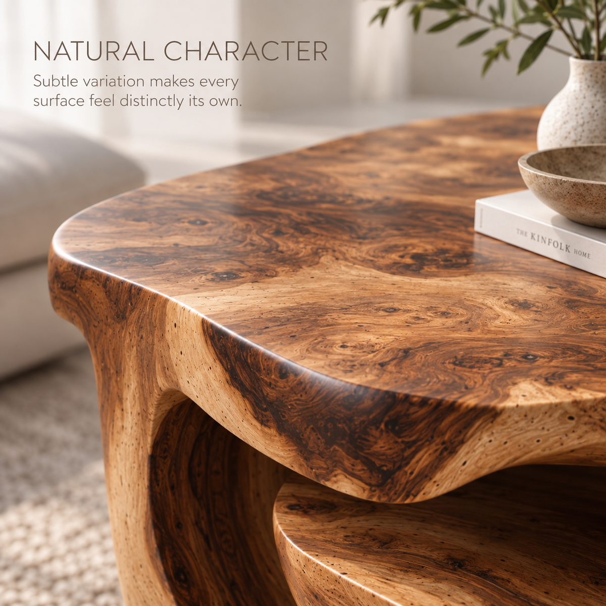 Maelle Sculptural Solid Wood Coffee Table - Design 368 - product detail and styling view 4