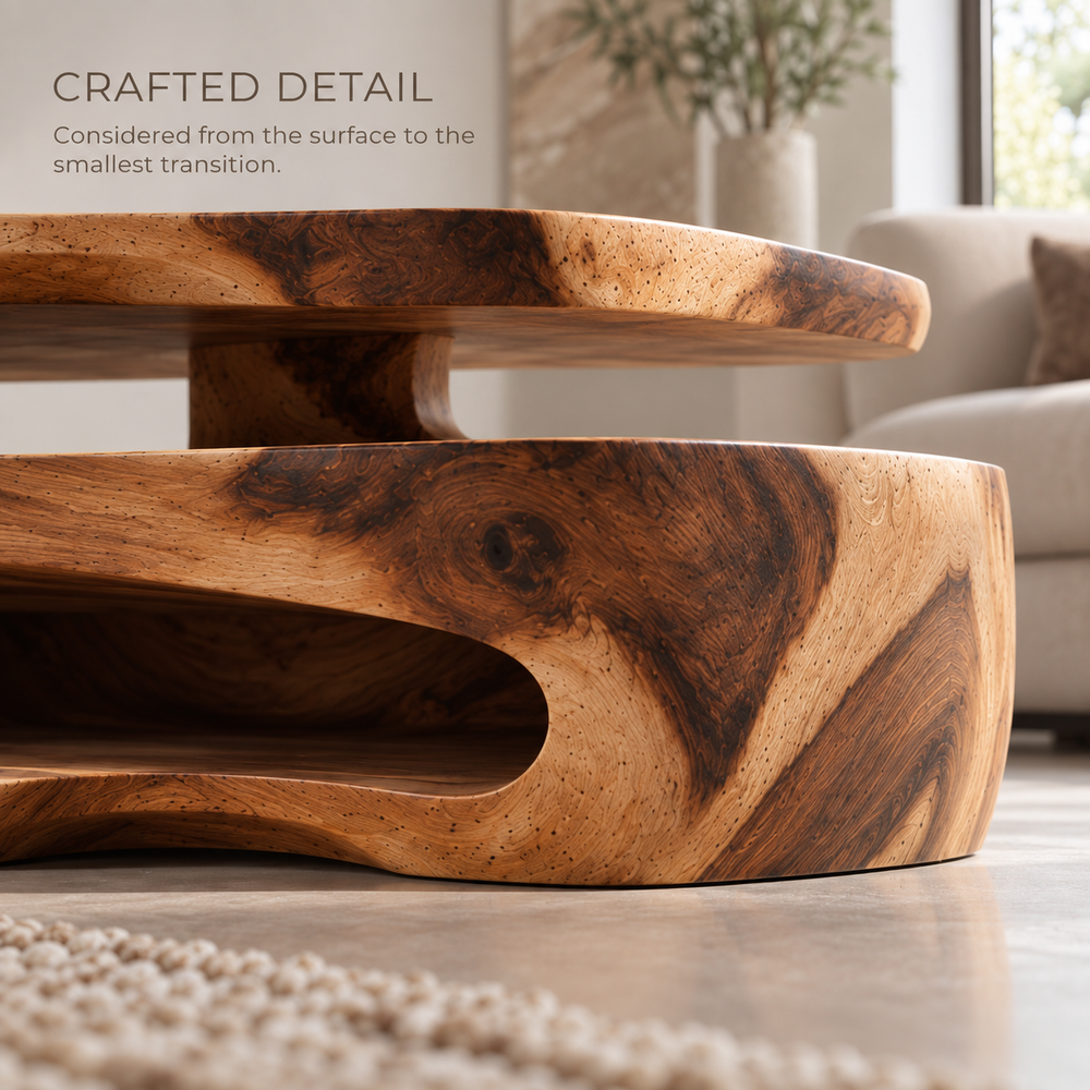 Maelle Sculptural Solid Wood Coffee Table - Design 368 - product detail and styling view 5