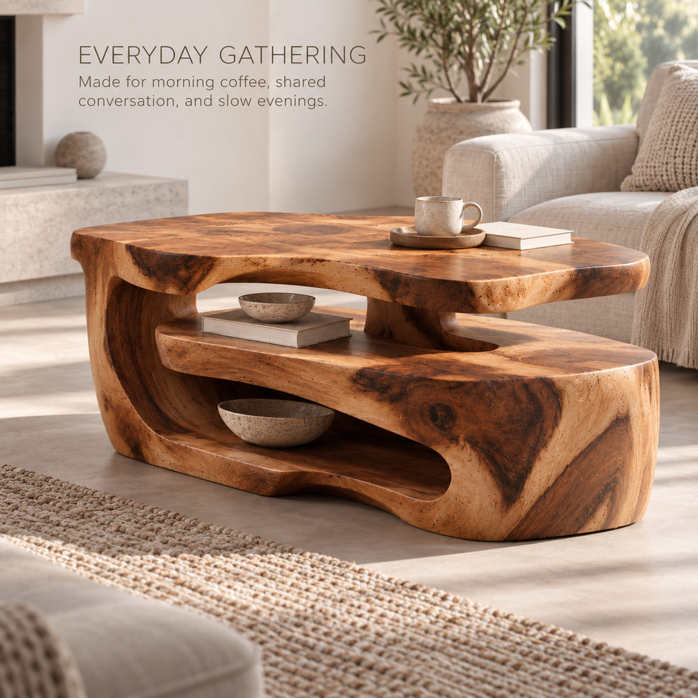 Maelle Sculptural Solid Wood Coffee Table - Design 368 - product detail and styling view 6