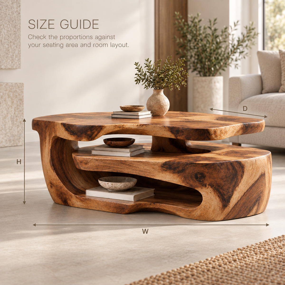 Maelle Sculptural Solid Wood Coffee Table - Design 368 - product detail and styling view 7
