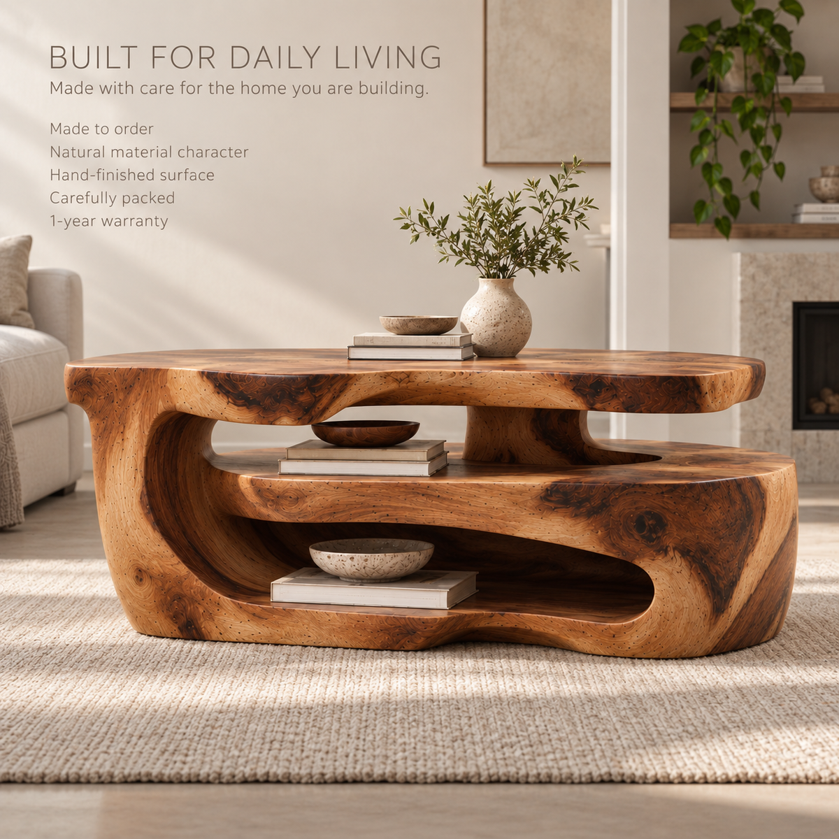 Maelle Sculptural Solid Wood Coffee Table - Design 368 - product detail and styling view 8