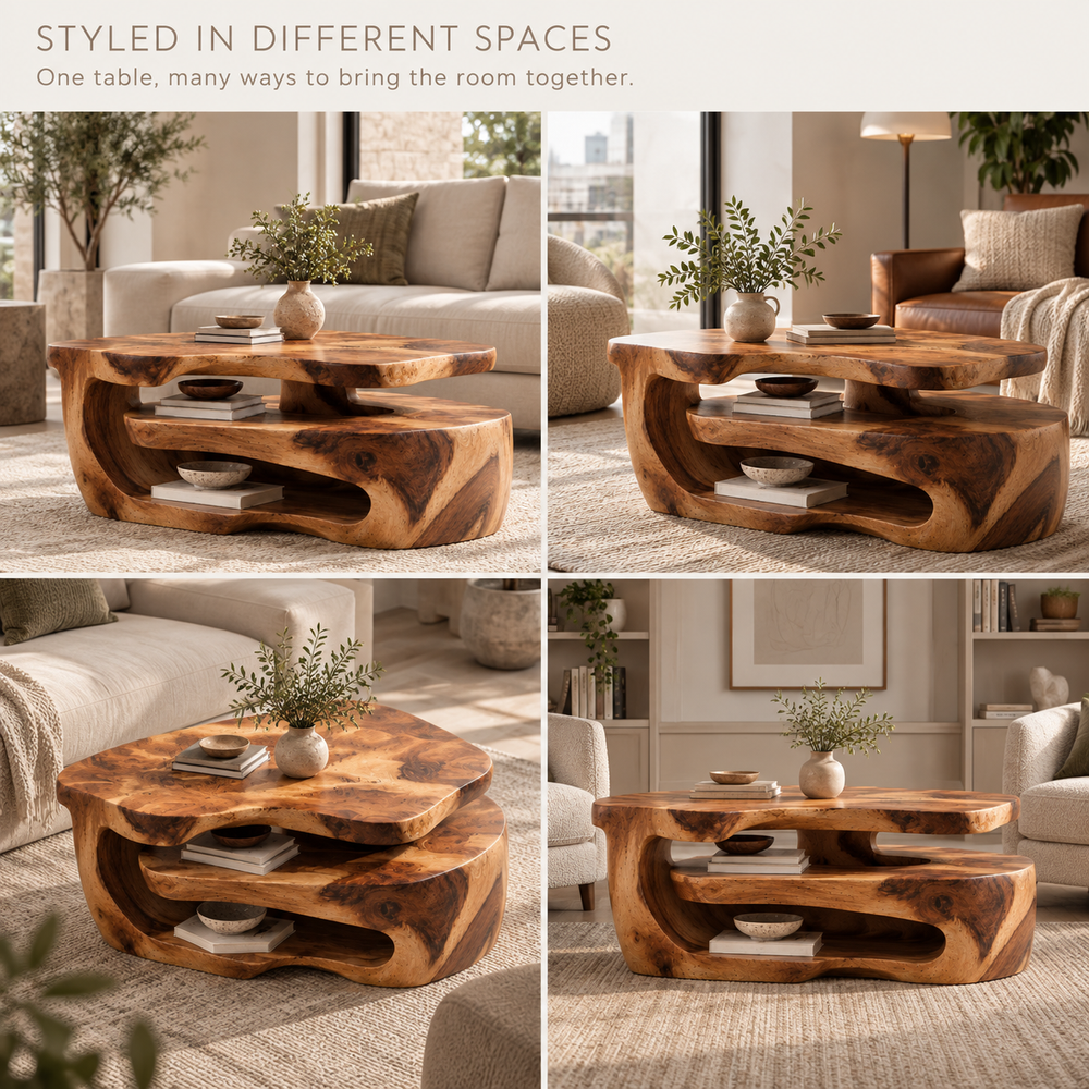 Maelle Sculptural Solid Wood Coffee Table - Design 368 - product detail and styling view 9