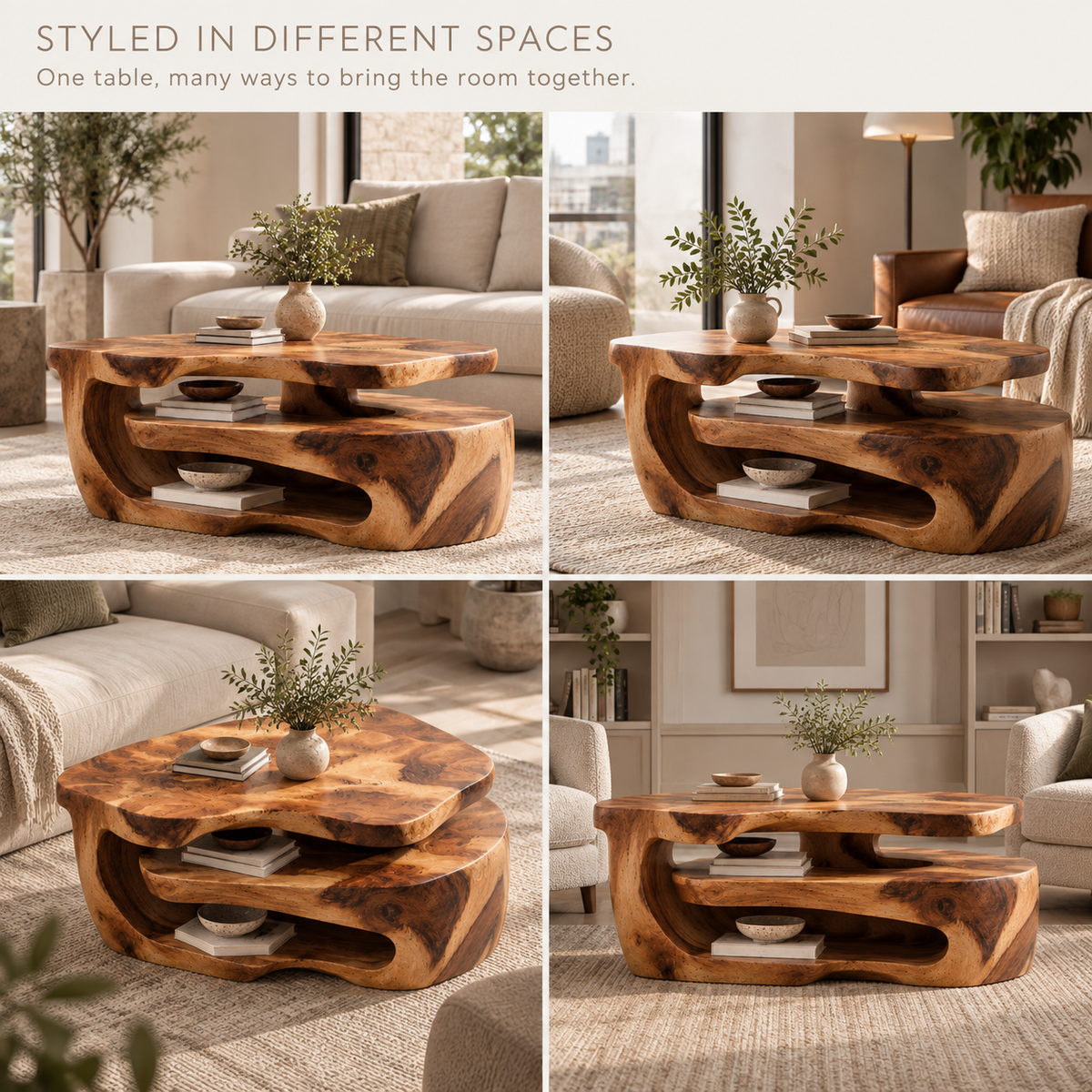 Maelle Sculptural Solid Wood Coffee Table - Design 368 - product detail and styling view 9