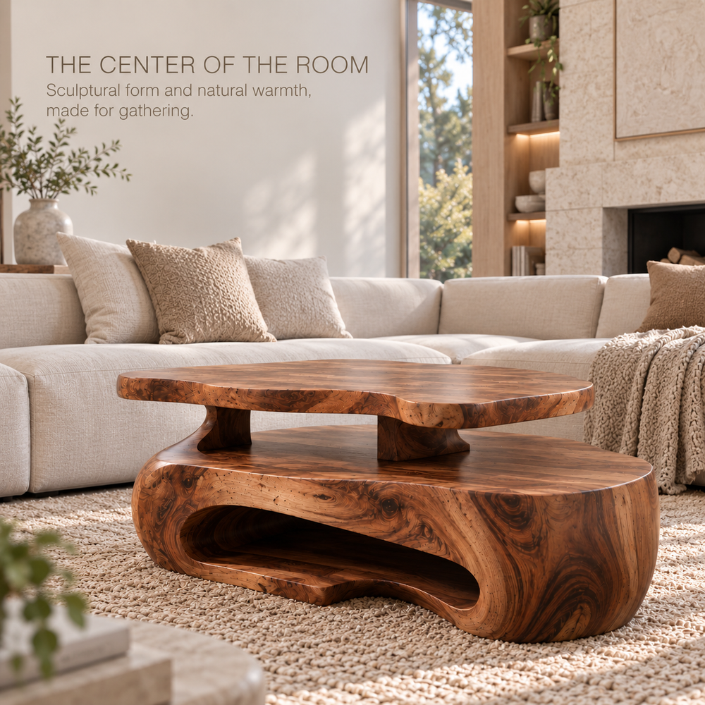 Corin Sculptural Solid Wood Coffee Table - Design 369 - main lifestyle view
