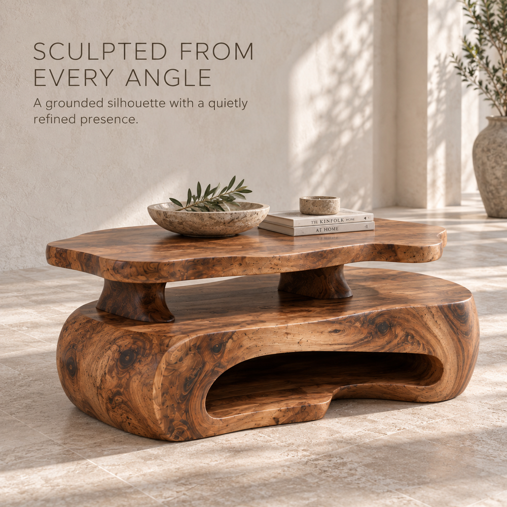 Corin Sculptural Solid Wood Coffee Table - Design 369 - product detail and styling view 2