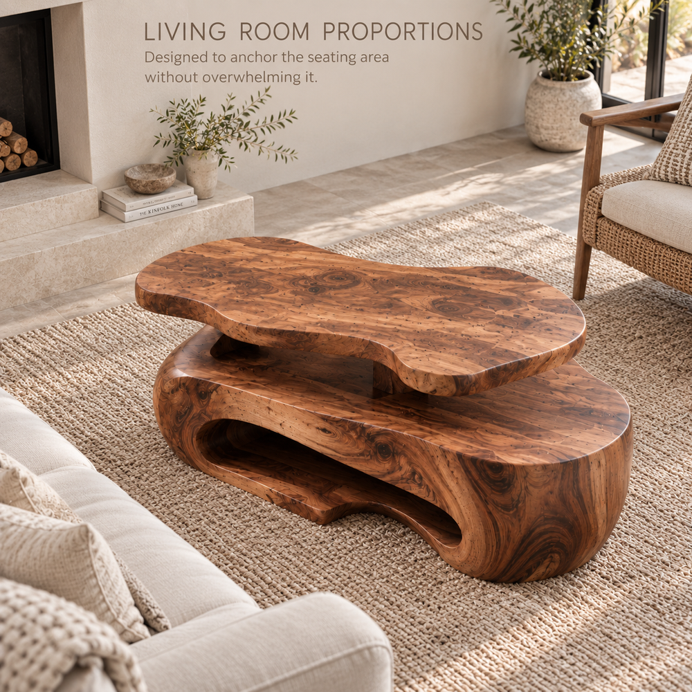 Corin Sculptural Solid Wood Coffee Table - Design 369 - product detail and styling view 3
